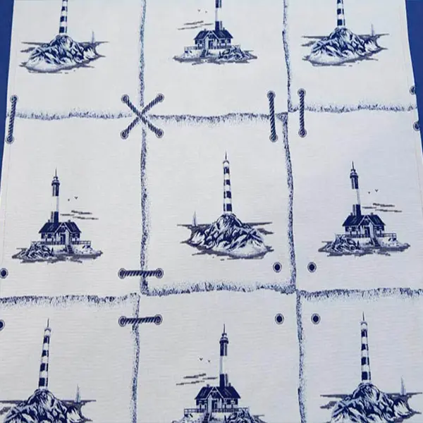 Camino Faro, Camino de mesa con faros marineros tejidos en azul. Medida 150x50 cm.