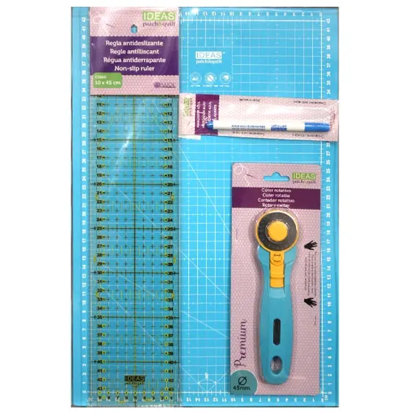 Kit Ideas, Kit de iniciación al patchwork: base de  corte, cutter 45mm, marcador y reglas