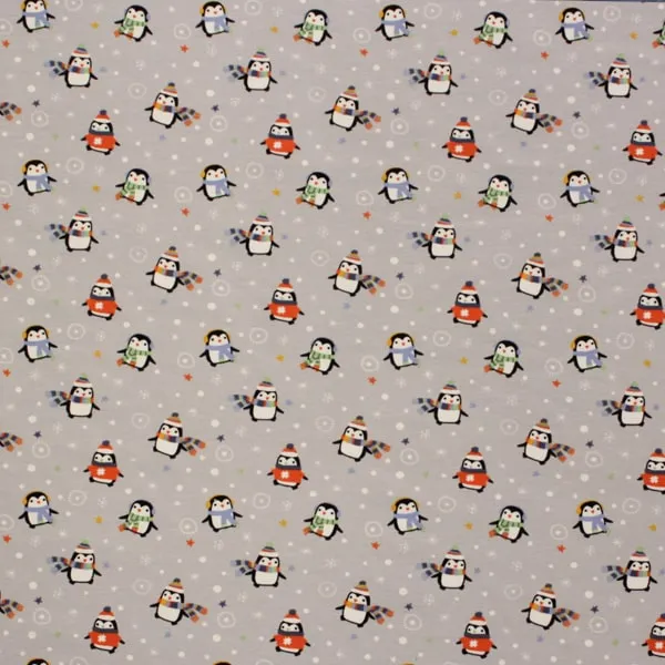 Pingüinos Gris, Tela de punto jersey de fondo gris y topos blancos con pingüinos