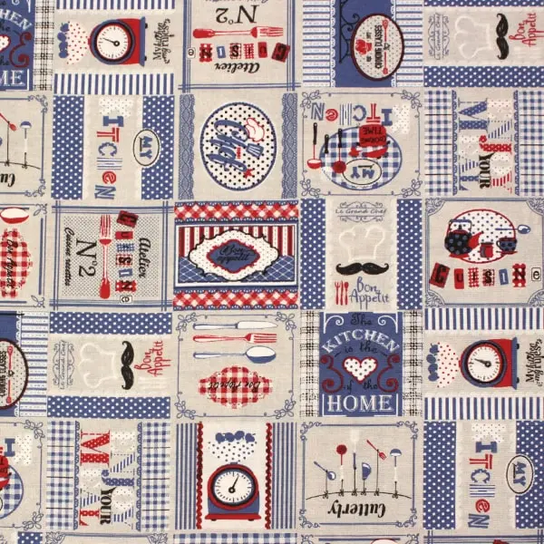 Bone Appetite , Loneta con motivos de cocina en tonos azul y rojo (280cm de ancho)