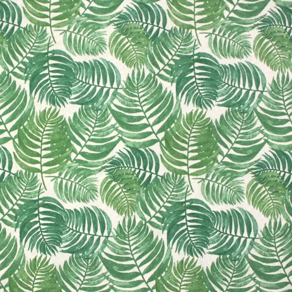 Hojas Verdes, Loneta estampada con hojas en tonos verdes (280 cm de ancho) fondo en color beige