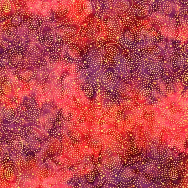 Bali Tropical Naranja, Batik en tonos naranjas y lilas estampada con topitos en color amarillo.