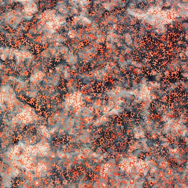 Flores Naranja, Batik con fondo en tonos grises estampada con filigranas en naranja.