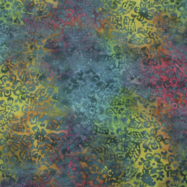 Turquesa Colores, Batik de base color turquesa estampada con diferentes colores