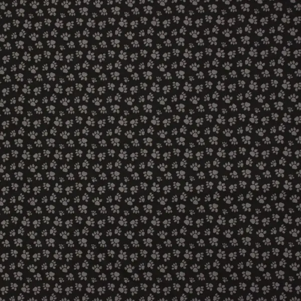 Huellas Gris, Tela de fondo negro estampada con huellas en color gris
