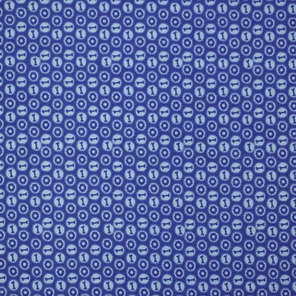Huesitos Azul, Tela color azul estampada con círculos y huesitos de perro 
