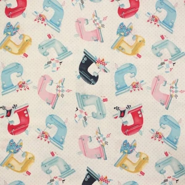 Maquinas Coser, Tela estampada con máquinas de coser de diferentes colores