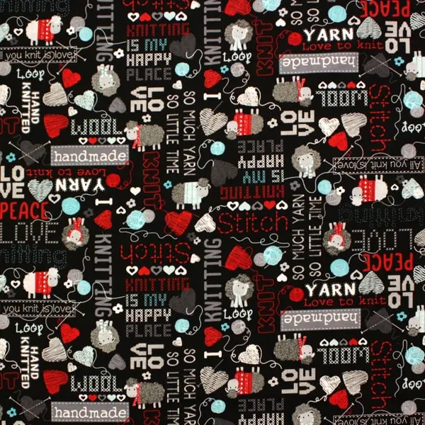 Knitted Words, Tela con palabras y frases sobre labores handmade, col <All you knit is love>