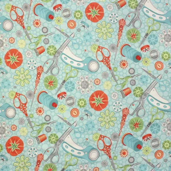 Costura Turquesa, Tela estampada con motivos de costura sobre fondo turquesa