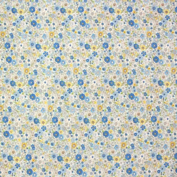 Flores Azules, Tela con flores en tonos de diferentes azules y amarillos