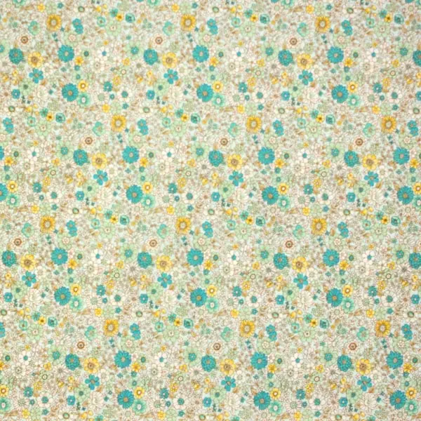 Flores Verdes, Tela estampada con flores en tonos de diferentes verdes y amarillos
