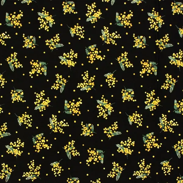 Flor Mimosa, Flores amarillas de mimosa estampadas en tela de color negro