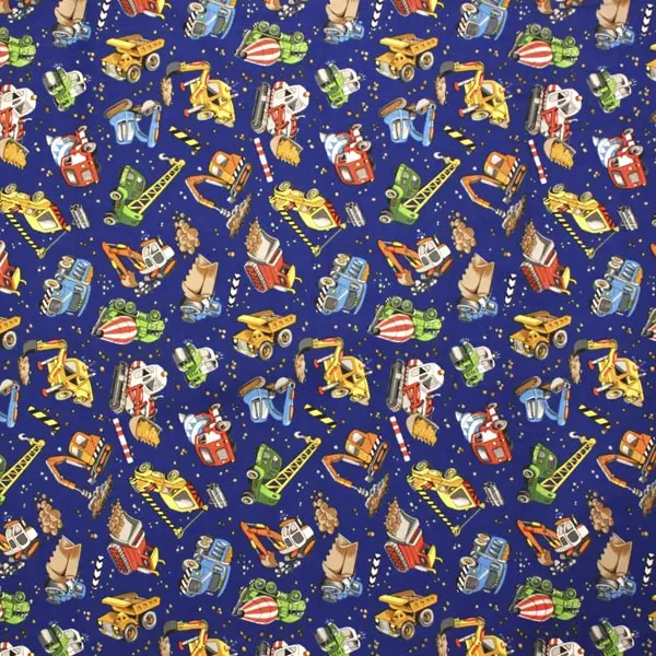 Construcción, Tela infantil de fondo azul estampada con vehículos de la construcción