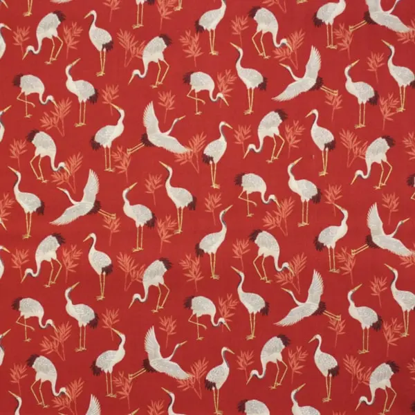 Michiko Cranes, Tela japonesa fondo rojo estampada con dibujos de garzas de Michiko