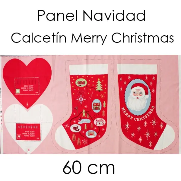 Merry Christmas, Panel para recortar calcetín Papa Noel Medida 60 x 110 cm