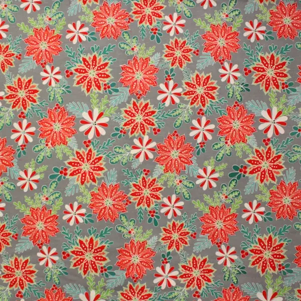 Heart Home Cherry, Tela de Navidad fondo gris con flores rojas navideñas