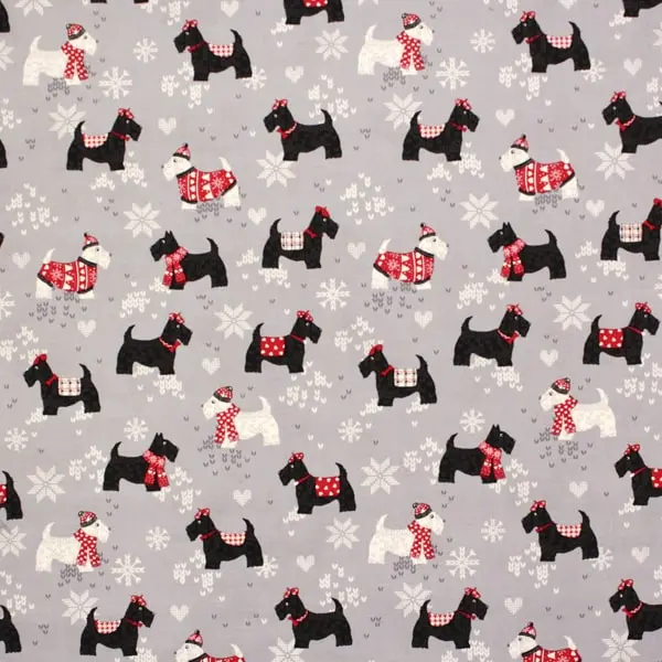 Scottie Friends, Tela de Greta Lynn con motivos navideños y perritos-colección Knit & Caboodle