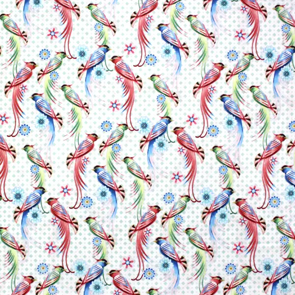 Birds Paradise, Tela estampada con flores y pájaros de diferentes colores
