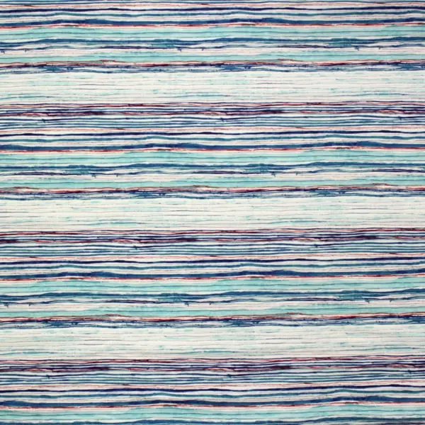 Rayas Azules , Tela veraniega a rayas de colores azules, turquesas y toques rojizos. 