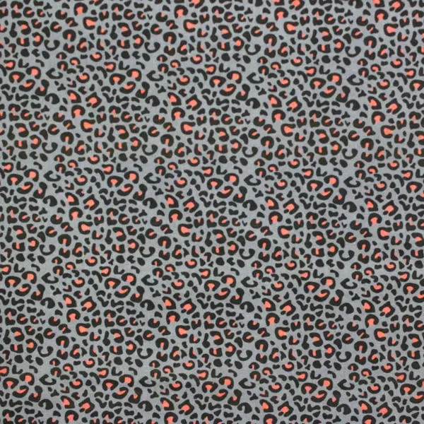 Leopardo Coral, Estampado piel de leopardo moteado coral y fondo gris
