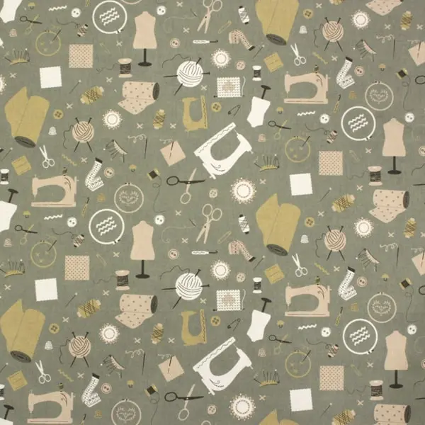 Costura Labores, Tela con fondo verde estampada con diferentes motivos de costura