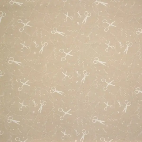 Costura Tijeras, Tela con fondo salmón estampada con tijeras de costura en color blanco