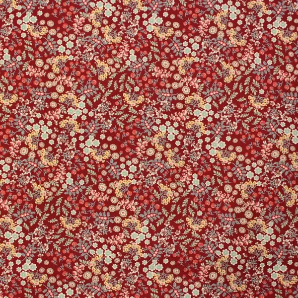 Rojo Flores, Tela hidrófuga antibacteriana estampada de flores sobre fondo rojo