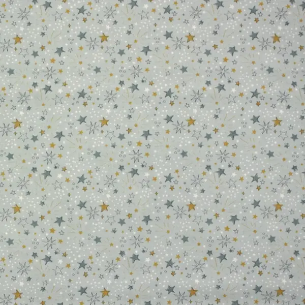 Dragones Estrellas, Tela fondo azul grisáceo estampada con estrellas blancas, azul y mostaza