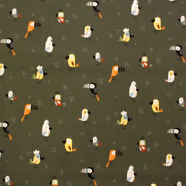 Pajaritos Verde , Tela Verde Oscuro estampada con diferentes tipos de pájaros