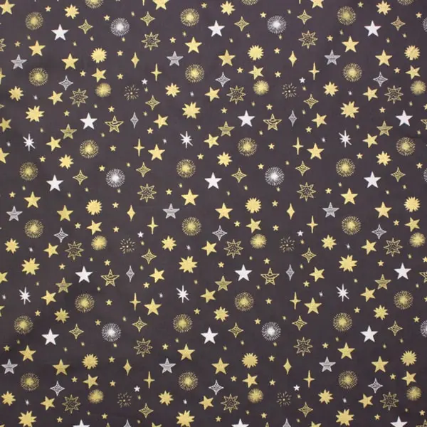 Estrellas Gris, Tela fondo gris oscuro estampada con estrellas blancas y doradas