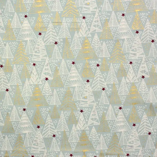 Mint Arboles, Tela de Navidad con fondo menta estampada con arboles dorados y blancos