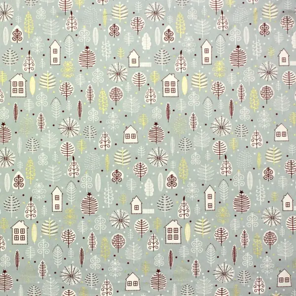 Mint Casitas, Tela de Navidad con fondo menta estampada con casitas blancas y detalles dorados
