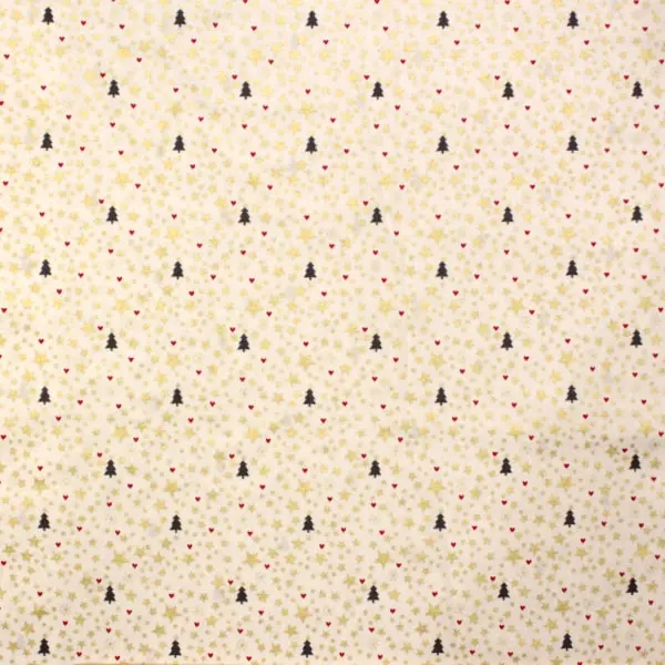 Estrellas Arboles, Tela navidad fondo blanco, estampado de estrellas doradas y árboles color gris
