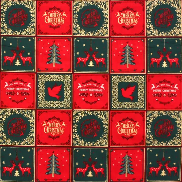 Merry Christmas, Tela con motivos navideños en colores rojo y verde Navidad
