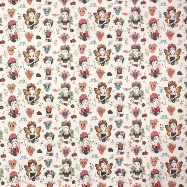 Frida Kahlo, Tela de fondo blanco estampada con imágenes de Frida Kahlo. 