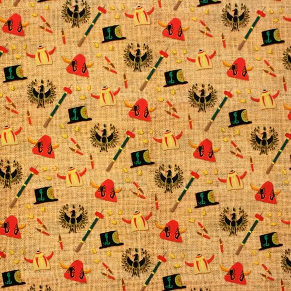 Diablos Saco, Tela con motivos de Diablos sobre un fondo de tela arpillera o de saco