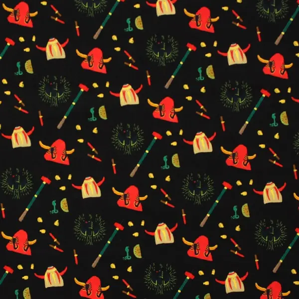 Diablos Negro, Tela estampada con motivos de Diablos sobre un fondo de color negro
